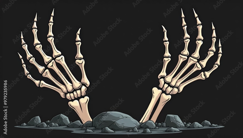 Wall mural  Eerie skeletal hands emerging from rocky surface