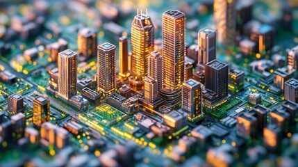 A vibrant night skyline showcasing illuminated skyscrapers and modern architecture, capturing the bustling urban atmosphere from an aerial view