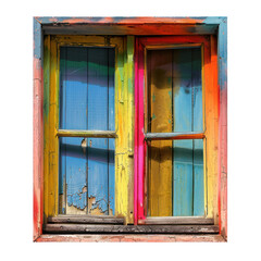 Obraz premium Brightly colored window is showing peeling paint and sunlight