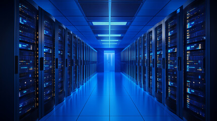 Fototapeta premium Server racks in computer network security server room data center 3D render dark blue. 3d waiter