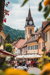 Obraz premium Charming village square with historic buildings, a classic clock tower, and bustling local activity