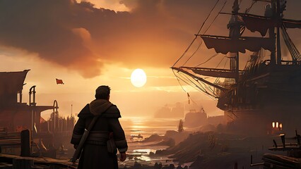 Silhouetted Figure at Sunset by a Ship