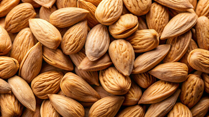 Fototapeta premium Close-up of a pile of raw almonds with shells, nut, healthy, snack, organic, vegetarian, food, ingredient, protein, vegan