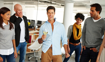 Party, crazy and wine with business people in office for new year celebration, addiction and...