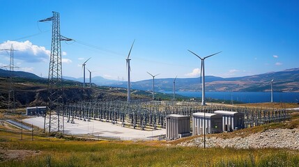 Obraz premium A vast energy production site with hydroelectric and wind power stations working in unison