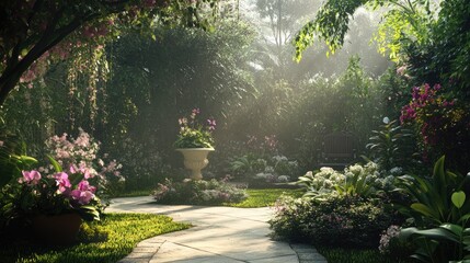 A serene garden bathed in soft sunlight, surrounded by blooming flowers and lush plants, exuding calm and peace.