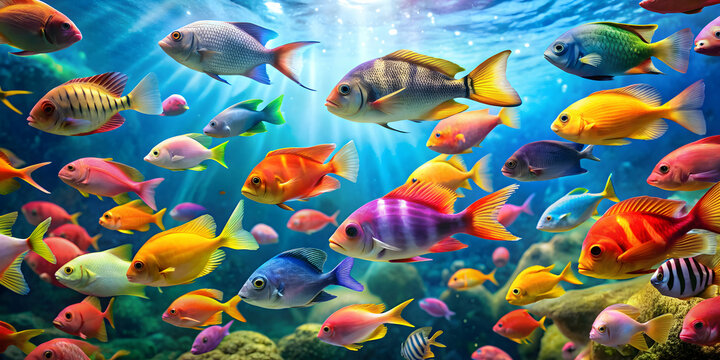 Colorful fish swimming together in vibrant underwater environment, marine life, aquatic