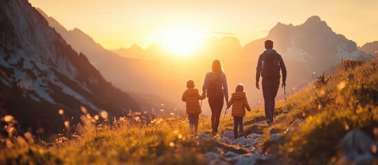 Fototapeta premium A family is enjoying a scenic hike in the beautiful mountains at sunset