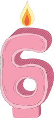 Birthday candle number six with burning flames in doodle style. Decoration for cake. For greeting card, banner, invitation, stickers. Hand drawn vector illustration isolated on white background.