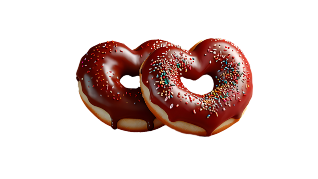 Three heart shaped donuts for Valentine's Day isolated on transparent background.3
