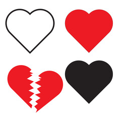 Heart icon set. Solid red heart. Broken red heart. Black heart symbol. Vector illustrations.