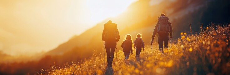 A family is enjoying a leisurely walk through a beautiful field at sunset
