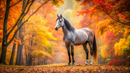 Naklejka premium Majestic horse standing amidst colorful autumn leaves , horse, autumn, leaves, trees, nature, animal, equine, majestic