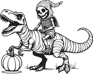 Skeleton riding t-rex in mummy costume with pumpkin bag, halloween coloring page for kids