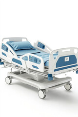 Emtry bed on hospital.blue and white hospital bed on white background. Patient room and insurance concept