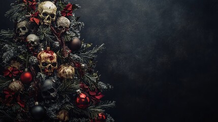Dark gothic Christmas tree adorned with skulls and red ornaments, blending holiday cheer with a macabre twist for an eerie festive atmosphere.