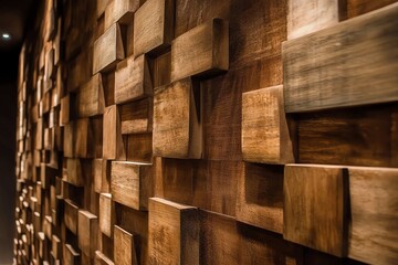 Close-up of a wooden wall with a geometric pattern in a modern interior, showcasing texture, depth, and warm tones.