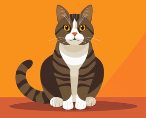 Obraz premium Cat, cartoon style, sitting position, orange background, vibrant colors, adorable pet illustration, striped fur, playful and friendly expression, perfect for animal lovers designs