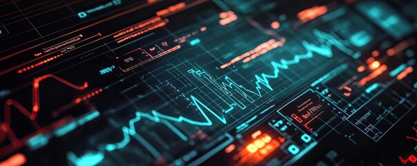 Obraz premium Abstract digital interface with glowing data visualizations and analysis graphs in vibrant colors, ideal for technology themes.