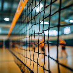 Close-up of a volleyball net with a blurred court and players in the distance