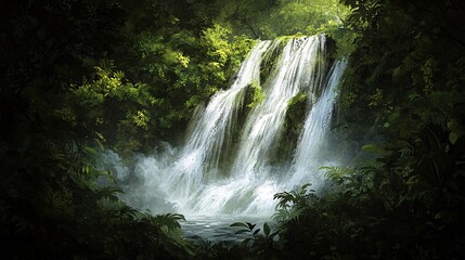 A cascading waterfall flows through a lush green forest, creating a tranquil and serene scene.