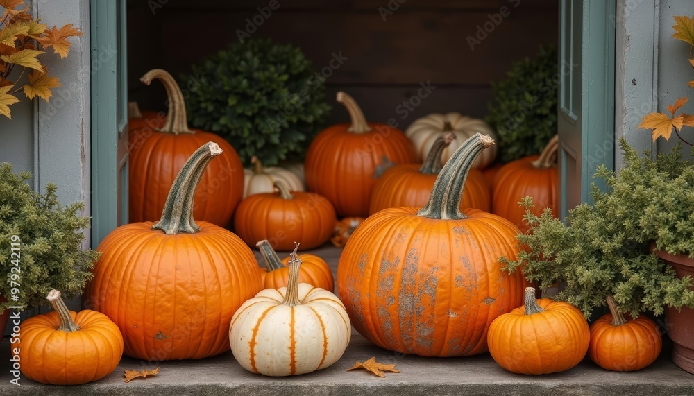 Wall mural  Autumns bounty a harvest of pumpkins and leaves