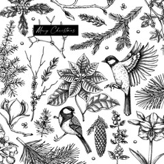 Winter garden seamless pattern. Christmas background. Winter flowers, conifer tree sketches. Hand-drawn vector illustration. NOT AI generated