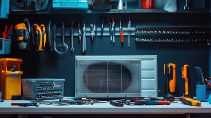 An indoor air conditioner being serviced by a technician, who is cleaning and maintaining the unit, with professional tools and equipment arranged on a workbench
