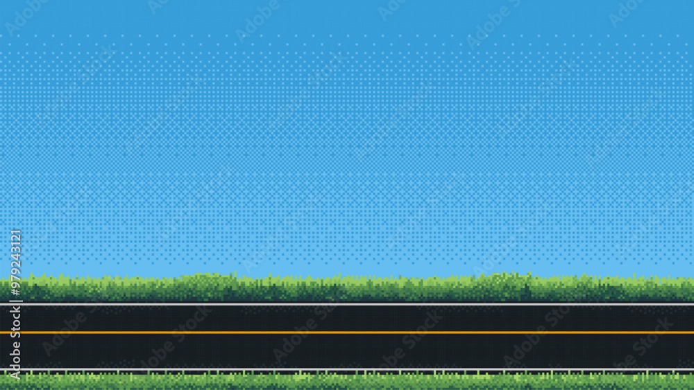 Poster pixel art racing game level background, pixel retro design, 8 bit image, 2d racing track, grass and 