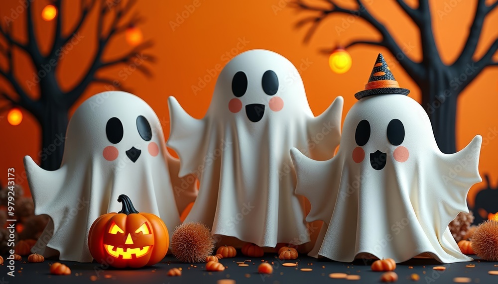 Sticker  Ghoulishly delightful Halloween scene with three playful ghosts and a jackolantern