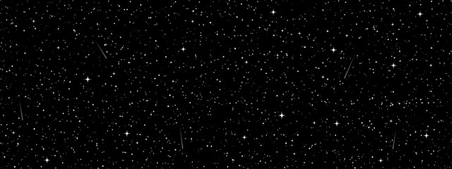 Space stars background, Cartoon starry illustration. Universe starry pattern with glowing stars and comets. Night sky constellations galaxy. Vector graphic.