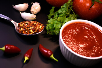 ingredients for making ketchup. ketchup in a white bowl on the table with tomatoes and parsley.