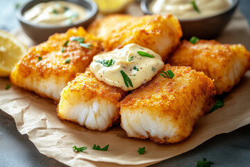 Fried cod pieces with tartare sauce 