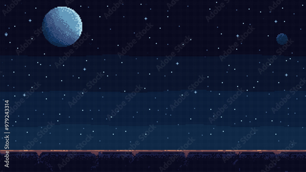 Poster pixel art space game level background, 8 bit retro style video game. Planet surface with rocks. Starry sky with planets. Vector illustration