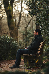 Obraz premium Side View Shot of a Man Resting on a Wooden Bench in Forest Park
