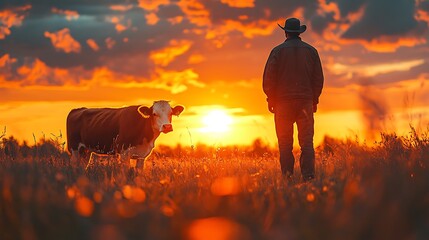 A lone cowboy stands in a field with a cow at sunset.