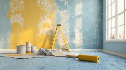 Interior painting tools such as rollers, drop cloths, and cans of paint placed in a newly renovated room, ready to start the next phase of wall painting