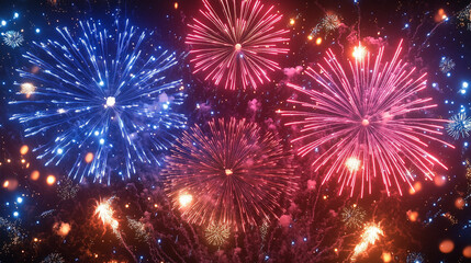 Fototapeta premium Red and blue fireworks bursting in the night sky, festive celebration