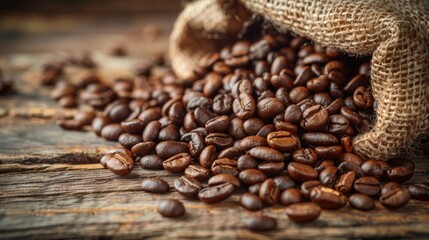 Fototapeta premium Close-up of coffee beans spilling out of a burlap sack onto a wooden surface