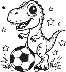 T-Rex with big, expressive eyes kicking a soccer ball with enthusiasm. coloring page for kids 