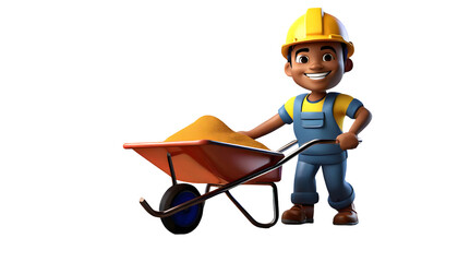 construction worker pushing wheelbarrow 3d cartoon 3D RENDRING. Generative AI.