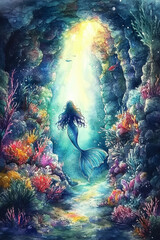 Obraz premium Mermaid swimming towards sunlight in a colorful underwater cave, fantasy art