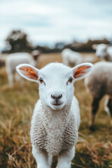 Fototapeta premium White lamb in field in front of other animals