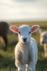 Obraz premium White lamb in field in front of other animals