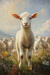 Naklejka premium White lamb in field in front of other animals