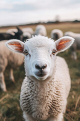 Obraz premium White lamb in field in front of other animals