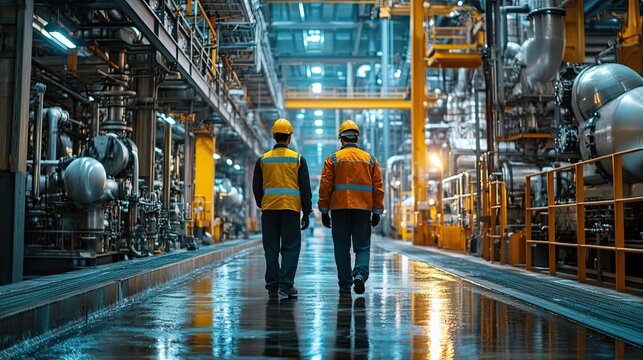 Engineers walking through industrial factory facility