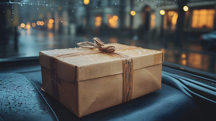 Fototapeta premium A beautifully wrapped package sits on the dashboard of a car, with raindrops on the window creating a cozy atmosphere.
