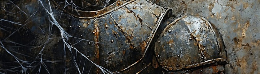 A detailed close-up of an ancient rusted armor, showcasing its weathered texture and historical significance in a mysterious atmosphere.