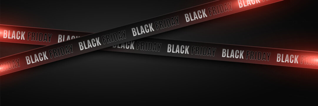 3d ribbons wit red glow effect on dark background for Black Friday sale. Crossed ribbons glowing in the dark. Fashion advertising promotion banner. Vector illustration. EPS 10.